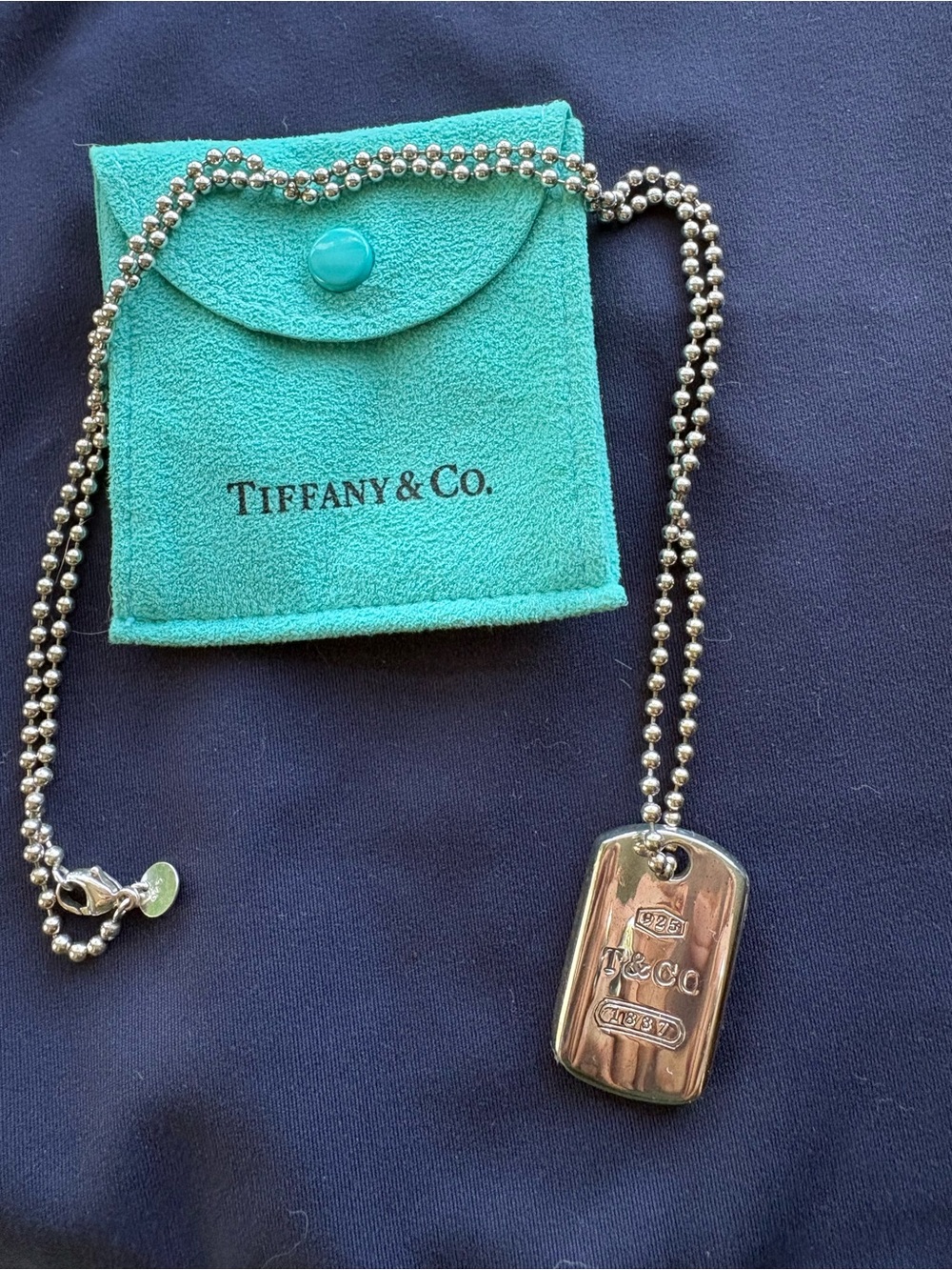 Tiffany & Co. Sterling Silver Dog Tag Necklace with Tiffany Blue Pouch